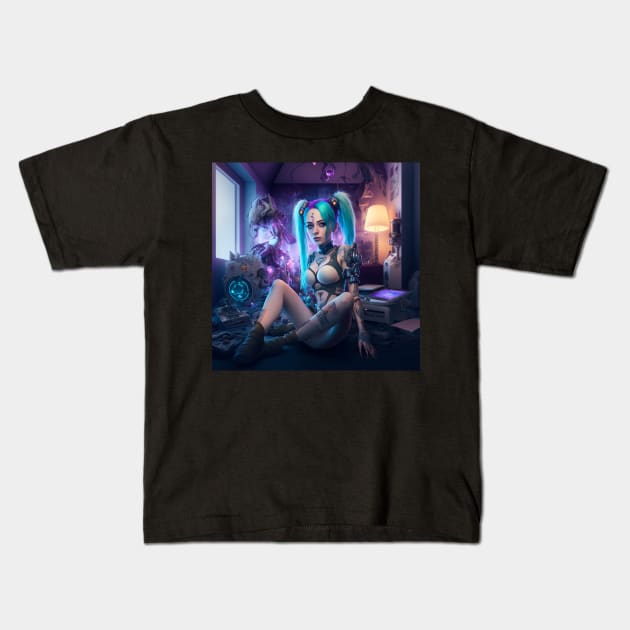 Cyberpunk Female Augmented with Pigtails Kids T-Shirt by AICreateWorlds